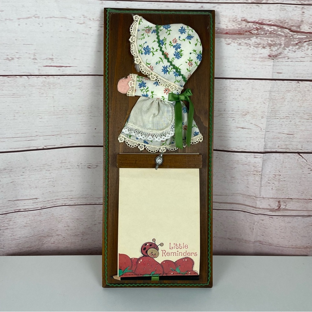 Vintage Wooden Wall Plaque Note Pad & Pencil Holder Holly Hobby MCM Lady Bug